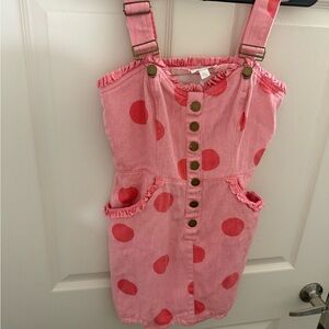 Unique Vintage Pink Polka Dot Jean Overalls Dress